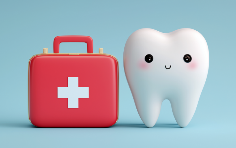 3D cartoon tooth with first aid kit